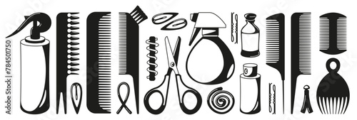 Black hairbrushes. Silhouette of hair styling tools, hairdresser equipment for hair care, salon accessories for hairdresser. Vector collection. Isolated objects for hairstyle and cutting services