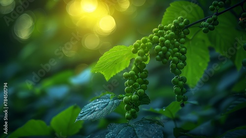   A tight shot of verdant grape clusters clinging to a tree branch against a backdrop of sunlight filtering through the foliage