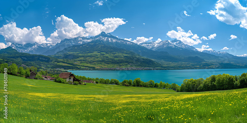 landscape mountain lack sky house, green grass, Sunny outdoor scene in German Alps, Bavaria, Germany, Europe