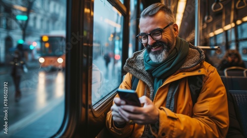 Happy man text messaging on cell phone in bus © Usman