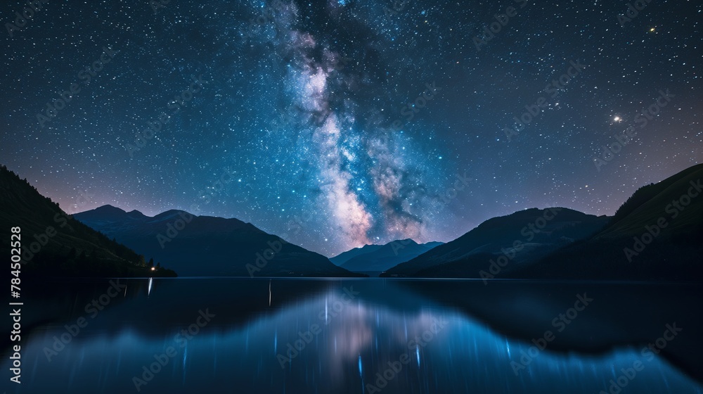  starry night sky over a calm lake,
