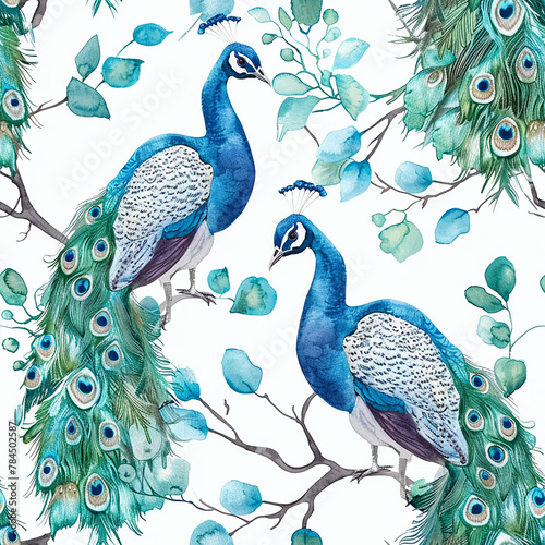 watercolor seamless pattern with peacocks in the garden. elegant print on white background © Татьяна Гончарук