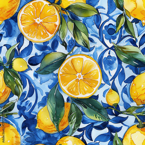 watercolor seamless pattern with lemons and blue patterns. vintage print © Татьяна Гончарук