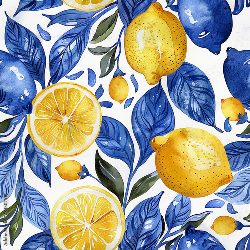 watercolor seamless pattern with lemons and blue patterns. vintage print © Татьяна Гончарук
