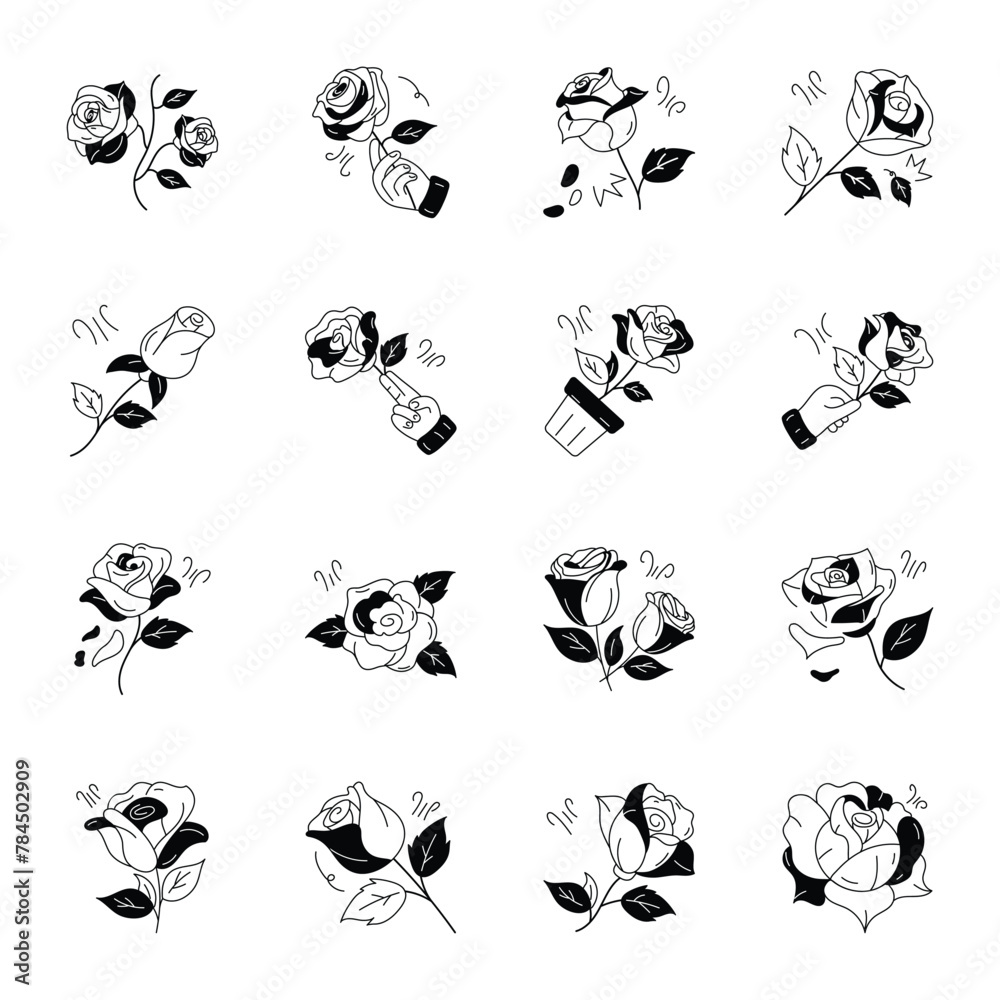 Obraz premium Beautiful Collection of Rose Flowers Hand Drawn Icons