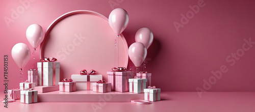 pink arch curve pedestal in eleglance luxuary for product presentation and pink plaster wall.Ai generated