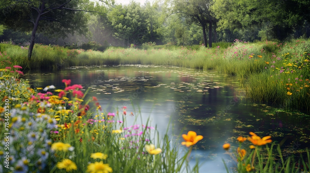 Fototapeta premium tranquil pond surrounded by colorful wildflowers