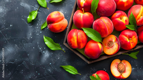 Top view of ripe nectarines with vibrant colors in a wooden tray, surrounded by green leaves.
