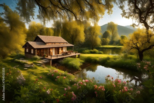 a tranquil riverside cottage, adorned by the picturesque beauty of blooming trees and vibrant wildflowers.