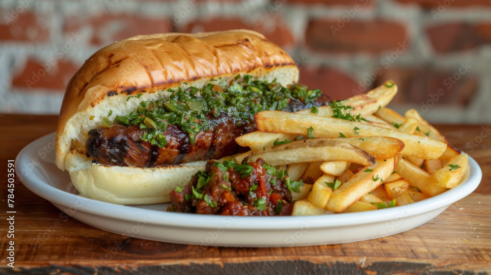 Savory chorizo sandwich, choripan, with fresh herbs and golden fries on a plate Savory chorizo sandwich, choripan, with fresh herbs and golden fries on a plate