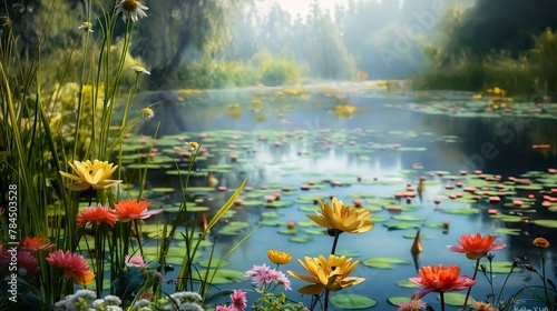  tranquil pond surrounded by colorful wildflowers
