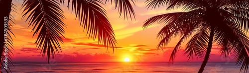 Picturesque Tropical Sunset with Palm Trees and Reflective Waters, Perfect for Relaxing Island Getaways © NURA ALAM