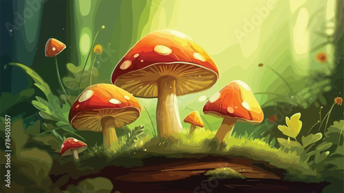 Small mushrooms in the forest on green moss in the