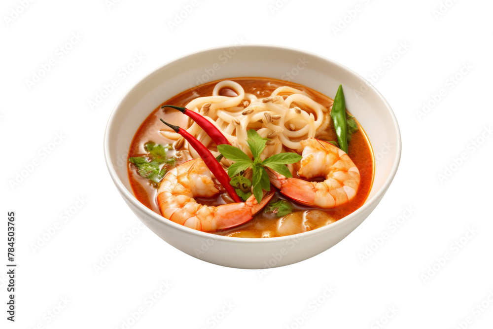 photograph of  Tom Yum Goong with Clear Soup Put big shrimp, straw mushrooms and bird's eye chilli on a white bowl. Fresh and delicious. isolated on a transparent background.