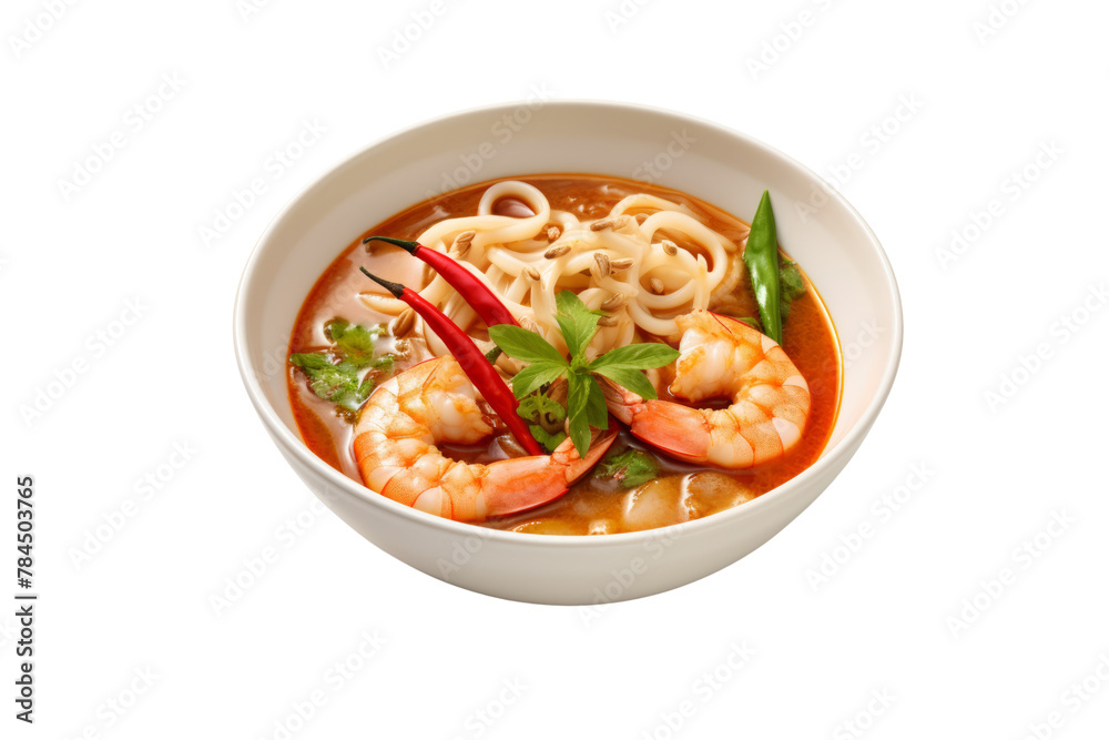 photograph of Tom Yum Goong with Clear Soup Put big shrimp, straw mushrooms and bird's eye chilli on a white bowl. Fresh and delicious. isolated on a transparent background. photograph of Tom Yum Goong with Clear Soup Put big shrimp, straw mushrooms and bird's eye chilli on a white bowl. Fresh and delicious. isolated on a transparent background.