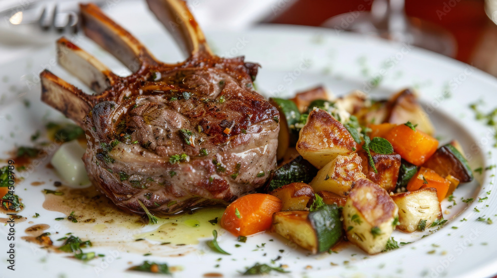 Grilled lamb chops with roasted potatoes, carrots, and herb garnish Grilled lamb chops with roasted potatoes, carrots, and herb garnish