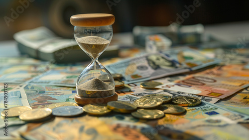 hourglass with banknotes and coins on the table