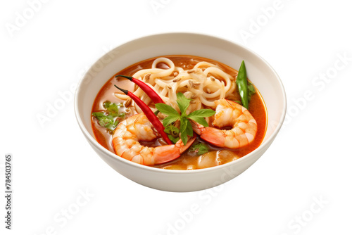 photograph of  Tom Yum Goong with Clear Soup Put big shrimp, straw mushrooms and bird's eye chilli on a white bowl. Fresh and delicious. isolated on a transparent background.