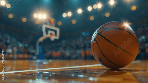 Close up of a basketball on the stadium court © Yuwarin