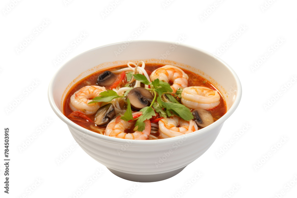 Tom Yum Goong, straw mushrooms and bird's eye chilli on a white bowl. Fresh and delicious. isolated on a transparent background.