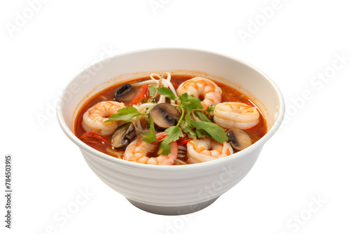 Tom Yum Goong, straw mushrooms and bird's eye chilli on a white bowl. Fresh and delicious. isolated on a transparent background.