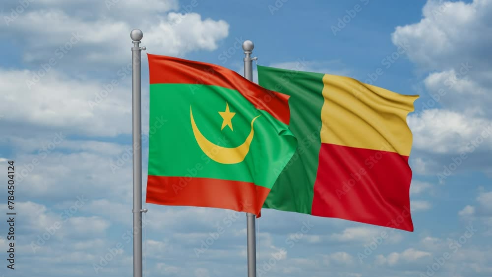 Mauritania and Benin two flags waving together, looped video Mauritania and Benin two flags waving together, looped video