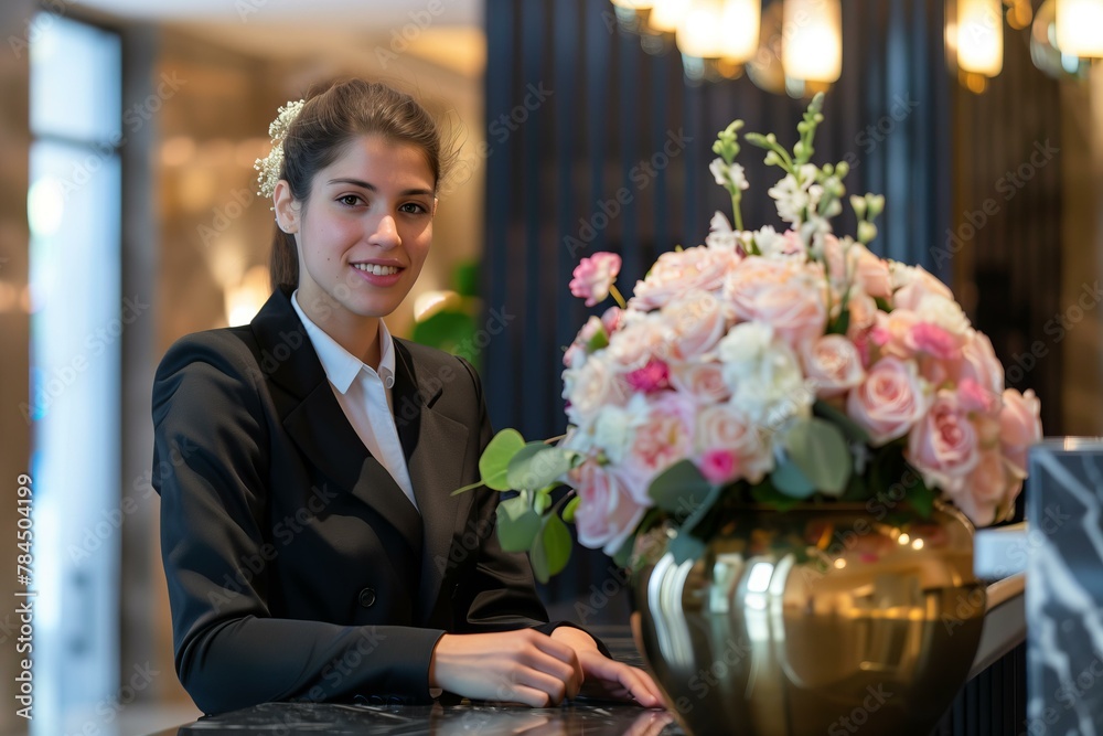 receptionist at a hotel lobby with flower bouquet in a vase for Receptionist Day receptionist at a hotel lobby with flower bouquet in a vase for Receptionist Day