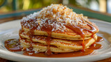 Pile of argentine pancakes covered in dulce de leche and topped with coconut flakes