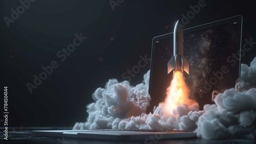 Laptop with rocket coming out of the screen on dark background © Yuwarin