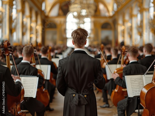 A conductor stands in front of a large group of musicians, all dressed in black. The conductor is holding a baton, and the musicians are holding their instruments