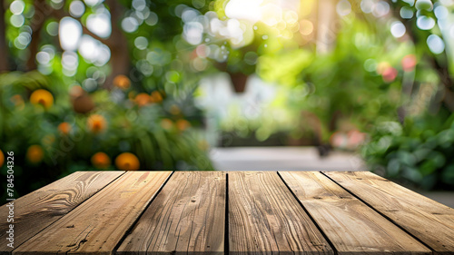 Mockup wooden board surface in the garden with blurred nature background.