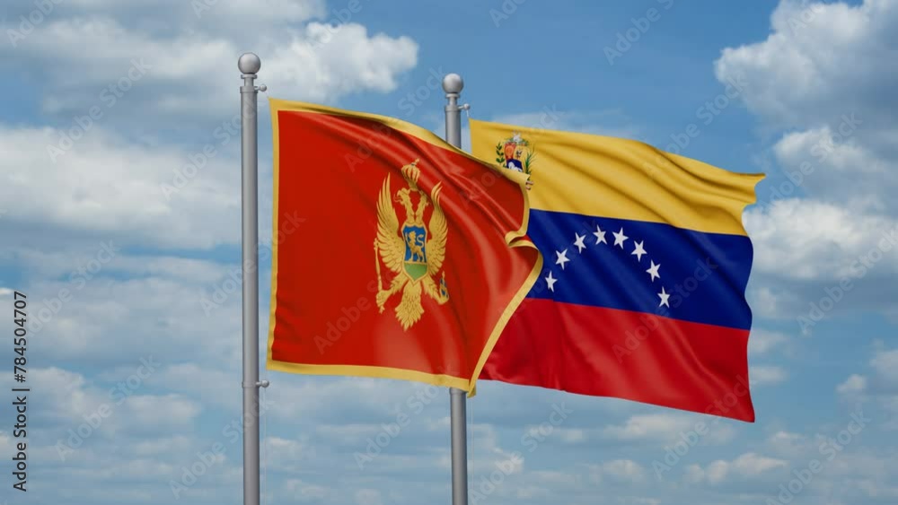 Venezuela and Montenegro two flags waving together, looped video Venezuela and Montenegro two flags waving together, looped video