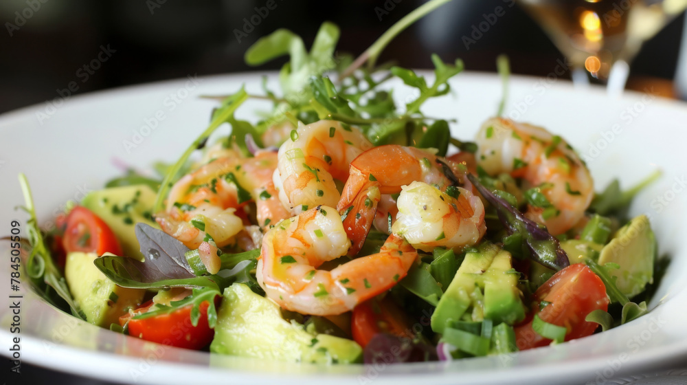 Argentine cuisine: tasty shrimp salad with ripe avocado, tomato, and greens Argentine cuisine: tasty shrimp salad with ripe avocado, tomato, and greens