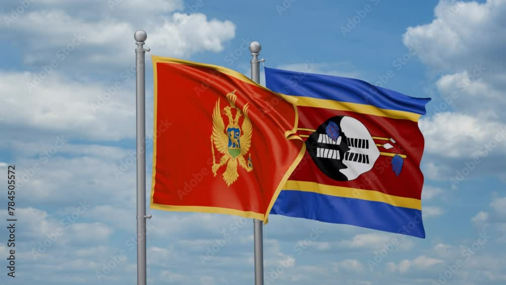 Eswatini aka Swaziland and Montenegro two flags waving together, looped video, two country cooperation concept Eswatini aka Swaziland and Montenegro two flags waving together, looped video, two country cooperation concept