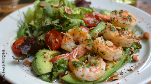 Plated argentinian salad featuring shrimp, avocado, and cherry tomatoes