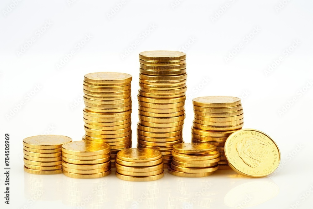 piles of gold coins growing in size on a white background piles of gold coins growing in size on a white background