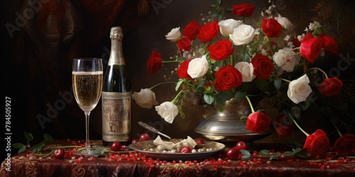 Elegant still life with champagne and roses in a classic style