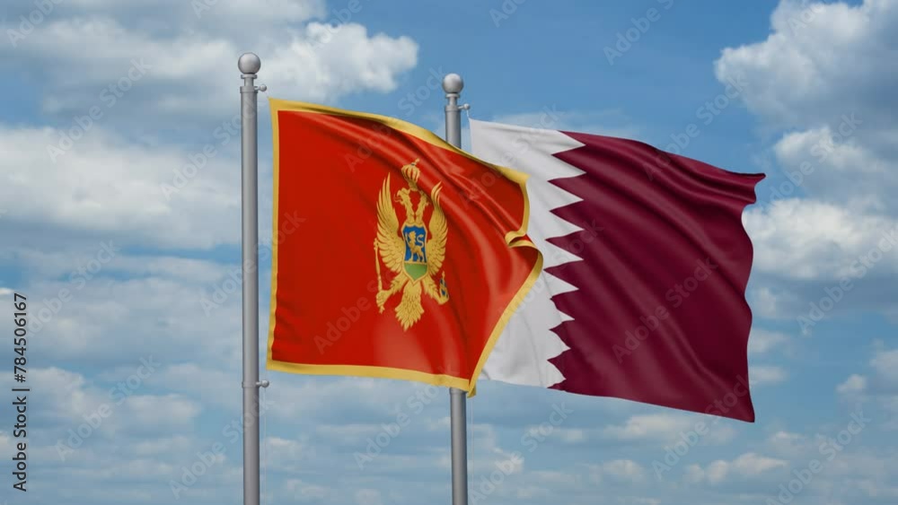 Qatar and Montenegro two flags waving together, looped video, two country cooperation concept