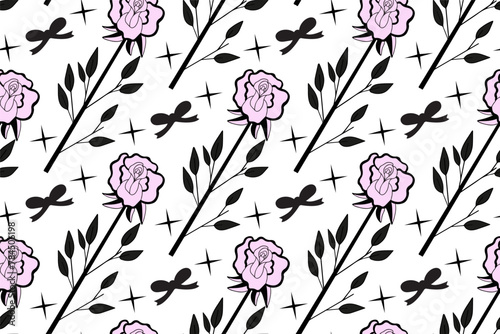 Cute emo roses black and white seamless pattern y2k, Hand drawn girly style. Vector illustration © Lucia Fox