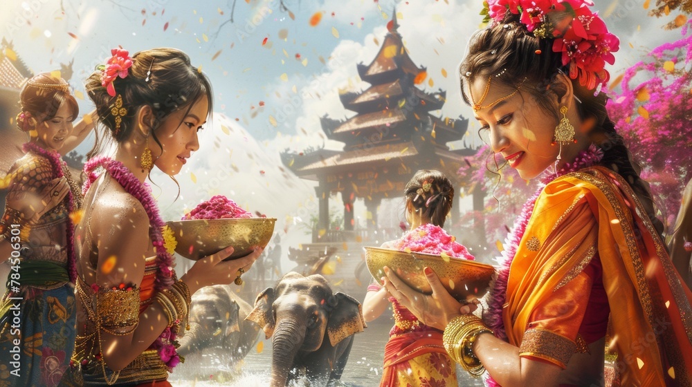 Obraz premium Festive Songkran scene women in vibrant traditional outfits