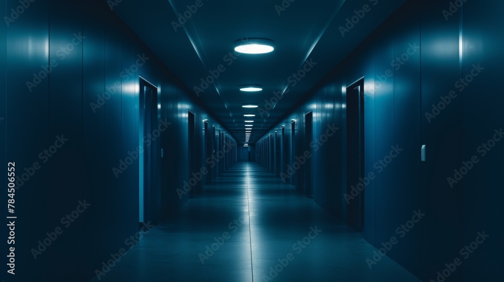 Modern abstract of a dark hallway with multiple lights Modern abstract of a dark hallway with multiple lights