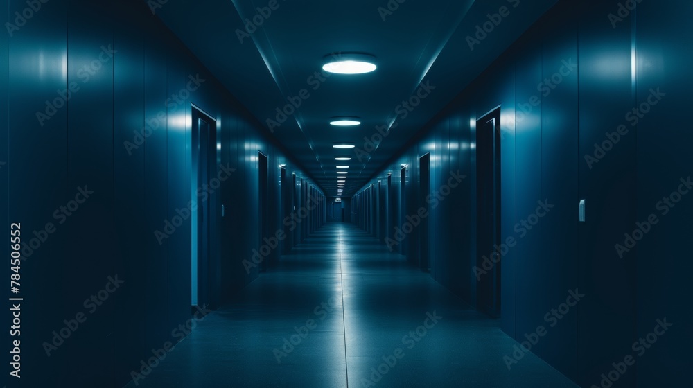 Modern abstract of a dark hallway with multiple lights