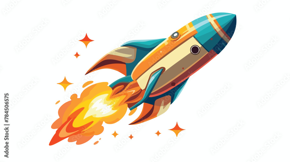 Space rocket flying up with the flame 2d flat cartoon