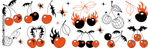 Cherry set y2k 90s style. Cherry with burn fire flame, Disco mirror ball icon for card, sticker, print design. Tattoo 2000s style. Black and red vector illustration.