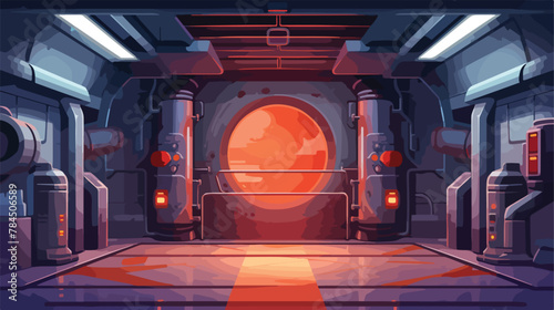 Space ship hall interior in fire and smoke. Cartoon photo