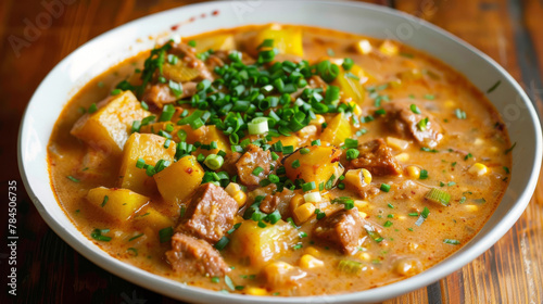 Traditional argentine locro stew with meat and vegetables, garnished with green onions