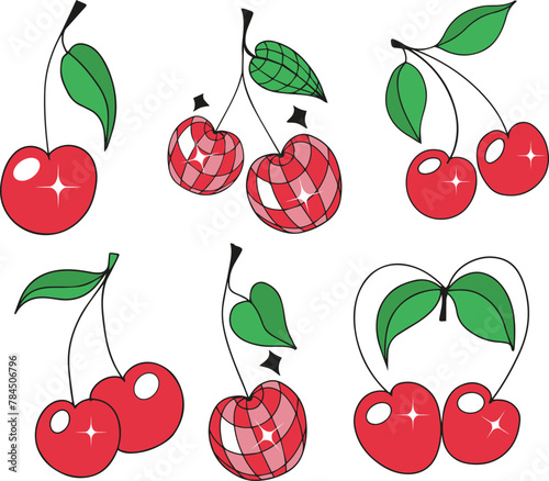 Cute cherry set y2k 90s style. Berry girly icon for card, sticker, print design. glamour vector illustration