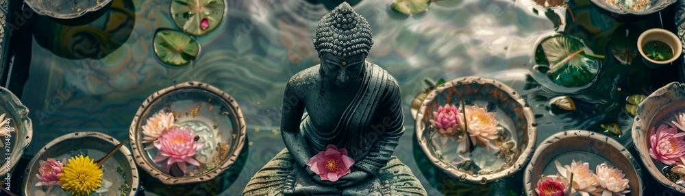 Obraz premium High-angle view of a Buddha statue surrounded by water bowls filled with floral offerings