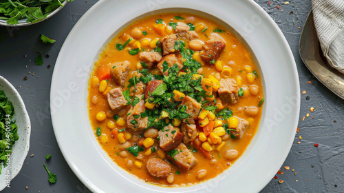 Hearty bowl of argentine locro, a traditional stew with corn and meat, topped with fresh green onions