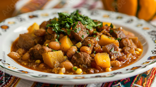 Colorful argentine locro stew with generous parsley garnish served on a patterned plate
